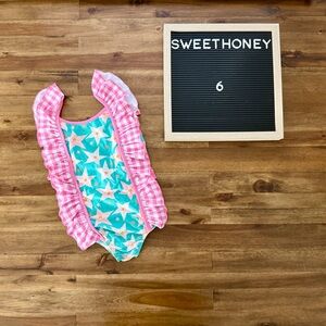 NEW SweetHoney Girls One Piece Moxie Starfish Swimsuit 6 Green Pink Gingham